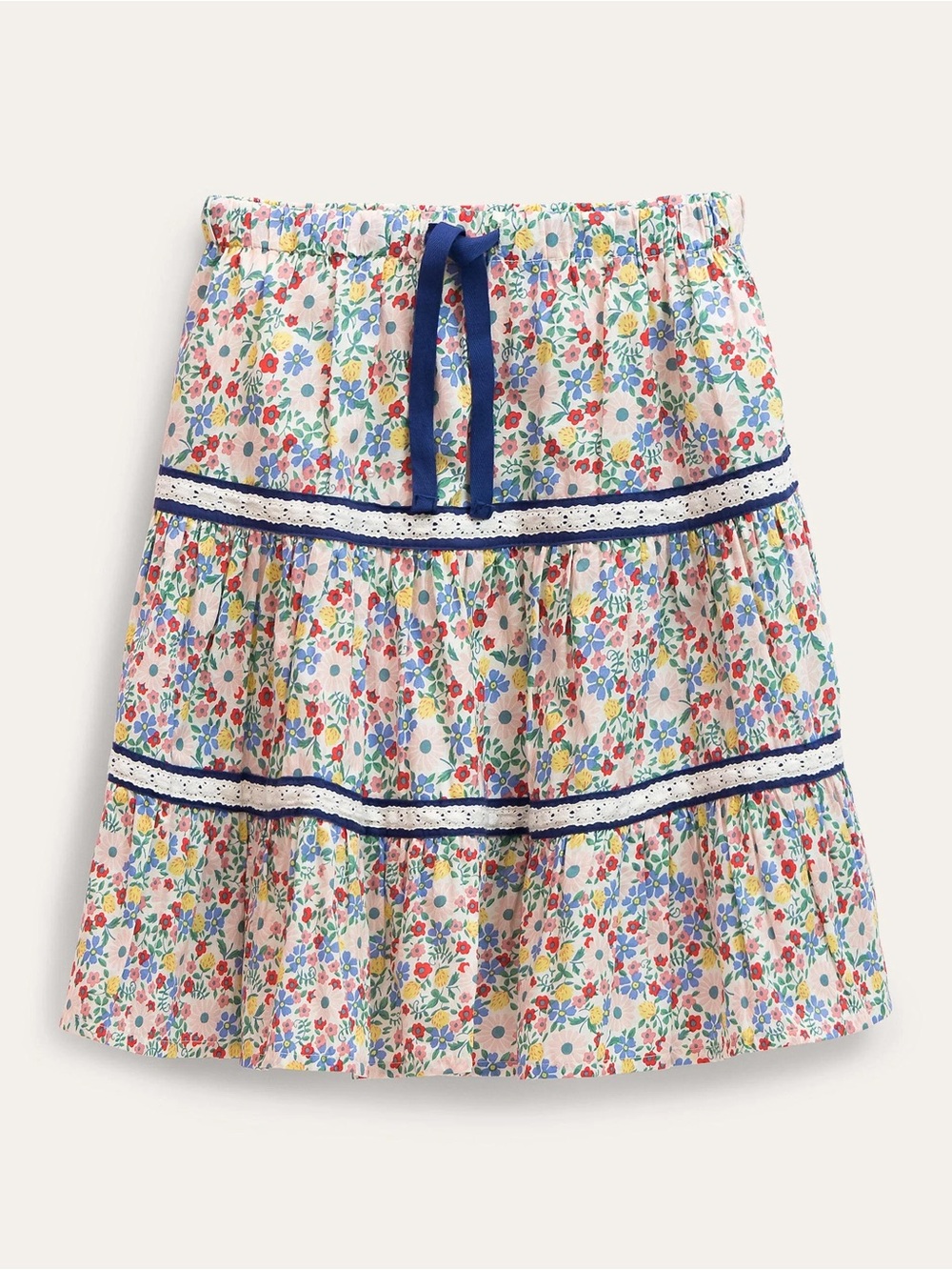 Mini Boden Ditzy Floral Skirt w Lace & Navy Blue Accents